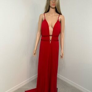 Jovani Red Plunge Backless Gown